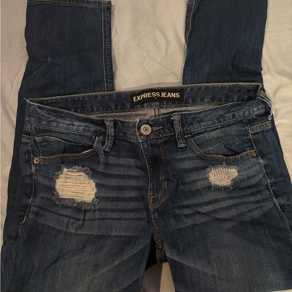 Express Women's Dark Blue Ripped Skinny Jeans